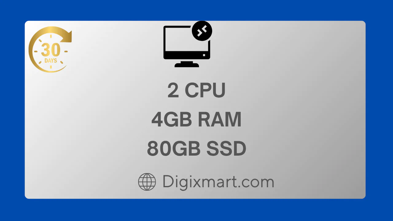 Buy RDP/VPS – 2 CPU / 4GB RAM / 80GB SSD (30 Days) – Windows OS + Warranty